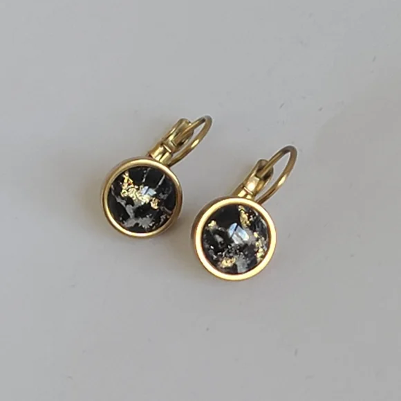 Elegant Hand Crafted Boho Black Gold Gemstone Marble Circle Drop Dangle Earrings - Picture 10 of 13